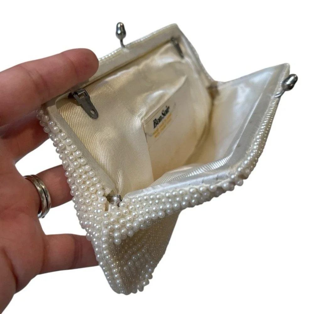 Vintage 1960 Bon Soir‎ Italian Pearl Cream Clutch Purse Beads Silk Wedding B72Q